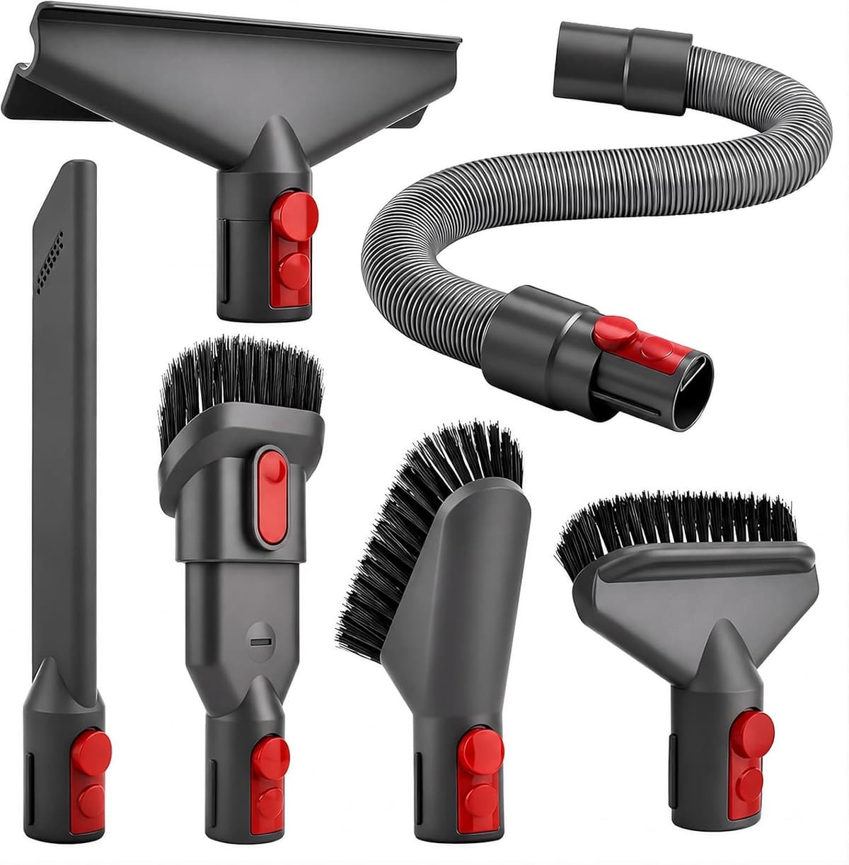 Ultiluxe® Dyson opzetstukken voor stofzuiger - Accessoires voor kieren reinigen - Borstelset voor meubels vloeren - Flexibele slang voor bereik - Verschillende zuigmonden met borstels - Geschikt voor genoemde V-series - Zwart met rood — afbeelding 1