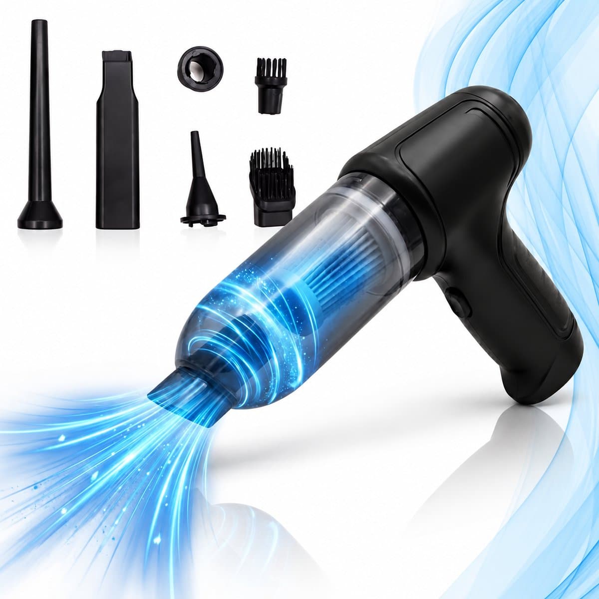 Auto Stofzuiger - Zuigen & Blazen - Kruimeldief - 6 Opzetstukken - Oplaadbaar - Handstofzuiger - Kleine StofZuiger - Air Duster - Stofreiniger - Kruimelzuiger - Zwart — afbeelding 1