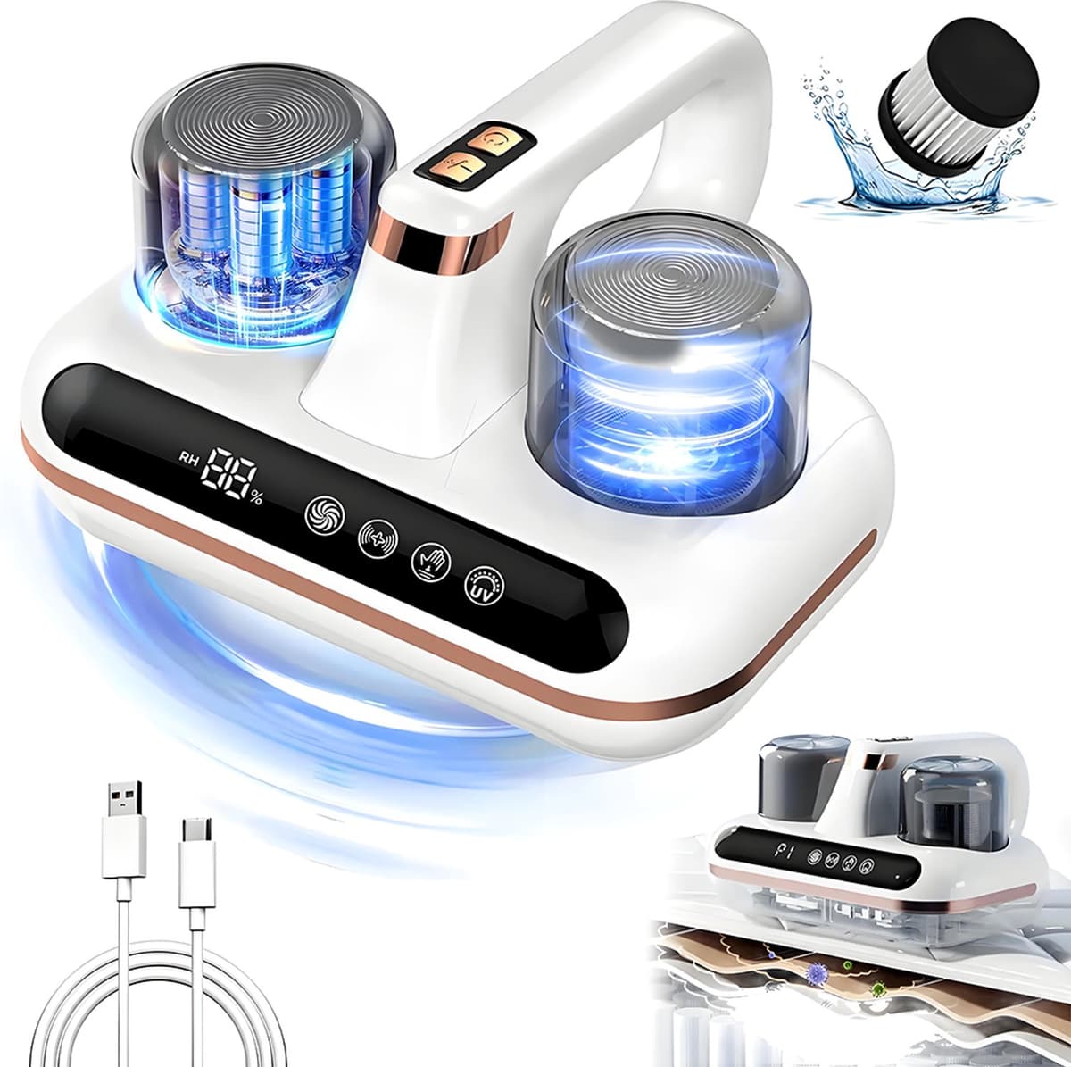 5-in-1 handstofzuiger - UV-sterilisator - Stofzuiger voor mijtenverwijdering - Ultrasone mijtenverwijdering - Combineert mijtenverwijdering en matrasreiniging - Inclusief 2 filters - Uitgerust met UV-lamp - 10.000 Pa zuigkracht - 1800 mAh — afbeelding 1