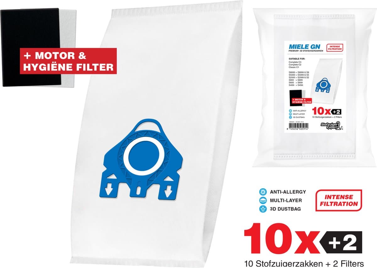 10x GN 3D Premium Plus Verbeterde Stofzuigerzakken geschikt voor Miele - Speciaal voor Huisdieren en Allergieën zoals Cat en Dog - Stofzakken Geschikt voor Miele C3, C2, C1, S8, S5, S2, S8000, S5000, S2000, S800, S600 en S400 — afbeelding 1