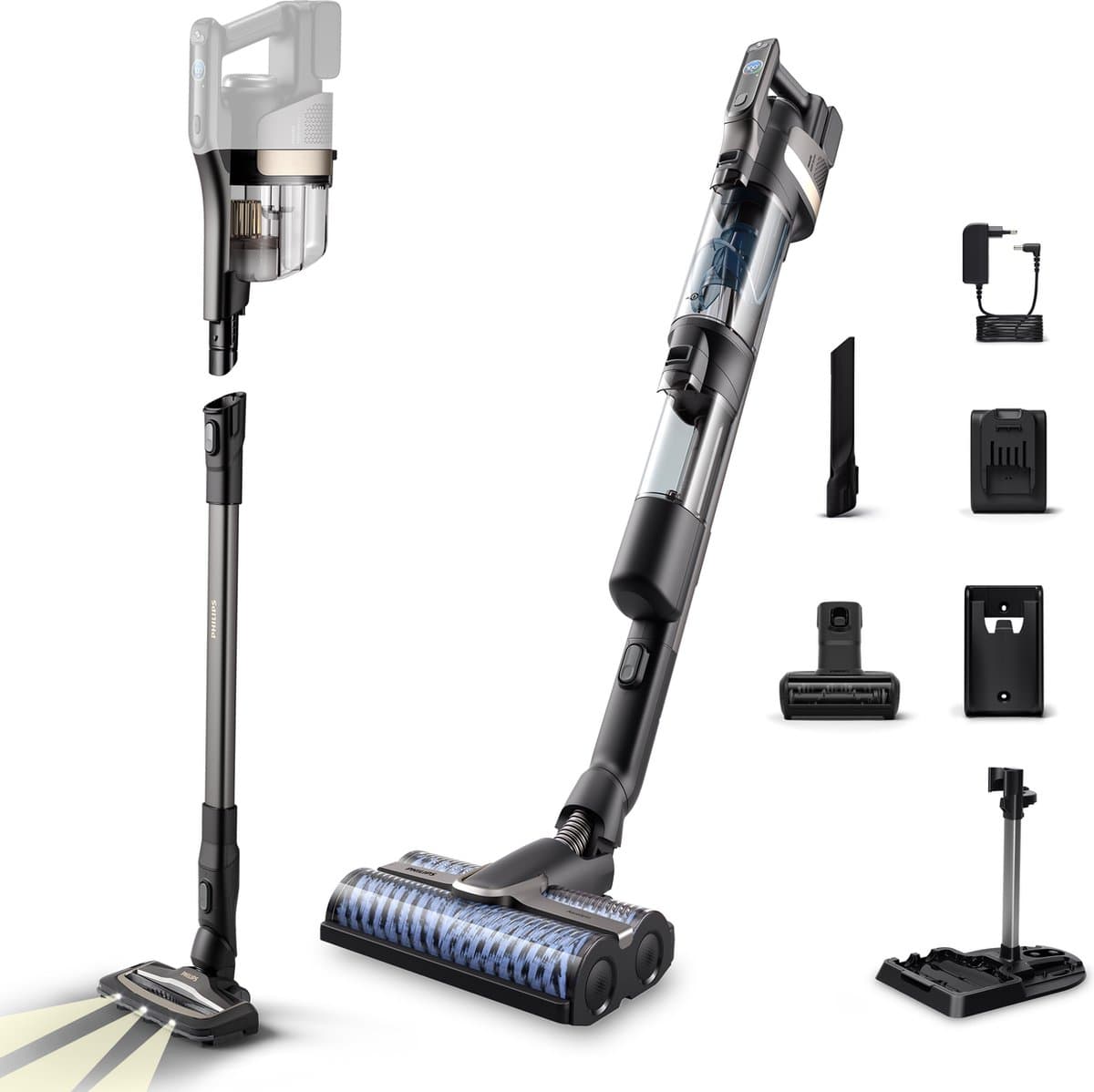 Philips Steelstofzuiger met Dweilfunctie XW9383/01 Aqua Trio - Draadloos - Zuigmond met LED Verlichting - Kruimeldief - Zonder Zak - LCD Display - Lichtgewicht - Zwart — afbeelding 1