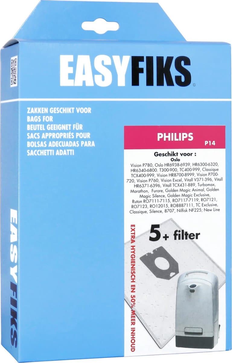 Easyfiks P14 stofzuigerzakken geschikt voor Philips - 5 stuks + 1 filter - voor Oslo en Vision series — afbeelding 1