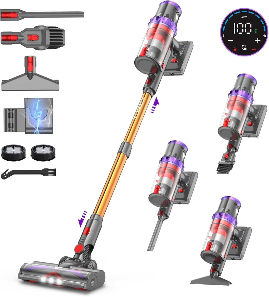Steelstofzuiger Stofzuiger Draadloos 580W/45Kpa/75Min, LED-display, 1.3 L Vacuum Cleaner Anti-klit, Steelstofzuiger Draadloos voor Dierenhaar, Tapijt en Harde Vloeren — afbeelding 1