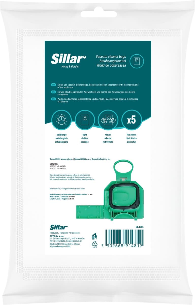 Sillar, stofzuigerzakken, synthetisch, anti-allergeen, van microvezel, geschikt voor Vorwerk KOBOLD 140/150, VK140/150, vervanging, 10 stuks — afbeelding 1