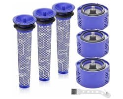 Vervangingsfiltersetgeschikt voor de Dyson V6 Absolute draadloze stofzuiger, geschikt voor de modellen 966741-01 en 965661-01, 7-delige set (3 HEPA-filters, 3geschikt voorfilters, 1 reinigingsborstel).