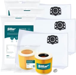 Sillar Stofzuigerzakken synthetisch, 12 stuks + 1x stofzuigerfilter versterkt met gaas - met bevestigingsplug - set voor stofzuigers - compatibel met Karcher WD1 WD2 WD3 WD3.200 KWD1 KWD2 KWD3 SE4 SE4001 SE4002 - vervangers — thumbnail 1