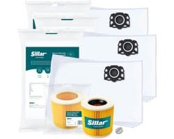 Sillar Stofzuigerzakken synthetisch, 12 stuks + 1x stofzuigerfilter versterkt met gaas - met bevestigingsplug - set voor stofzuigers - compatibel met Karcher WD1 WD2 WD3 WD3.200 KWD1 KWD2 KWD3 SE4 SE4001 SE4002 - vervangers
