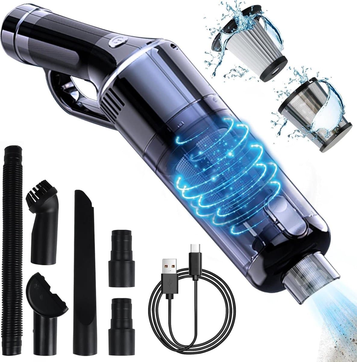 Handheld stofzuiger 120 W/15000 Pa mini-multifunctioneel draagbaar-licht draadloos-oplaadbaar-Zoeken naar dierenharen-auto-thuis-2 wasbare HEPA-filters voor nat en droog (zwart) — afbeelding 1