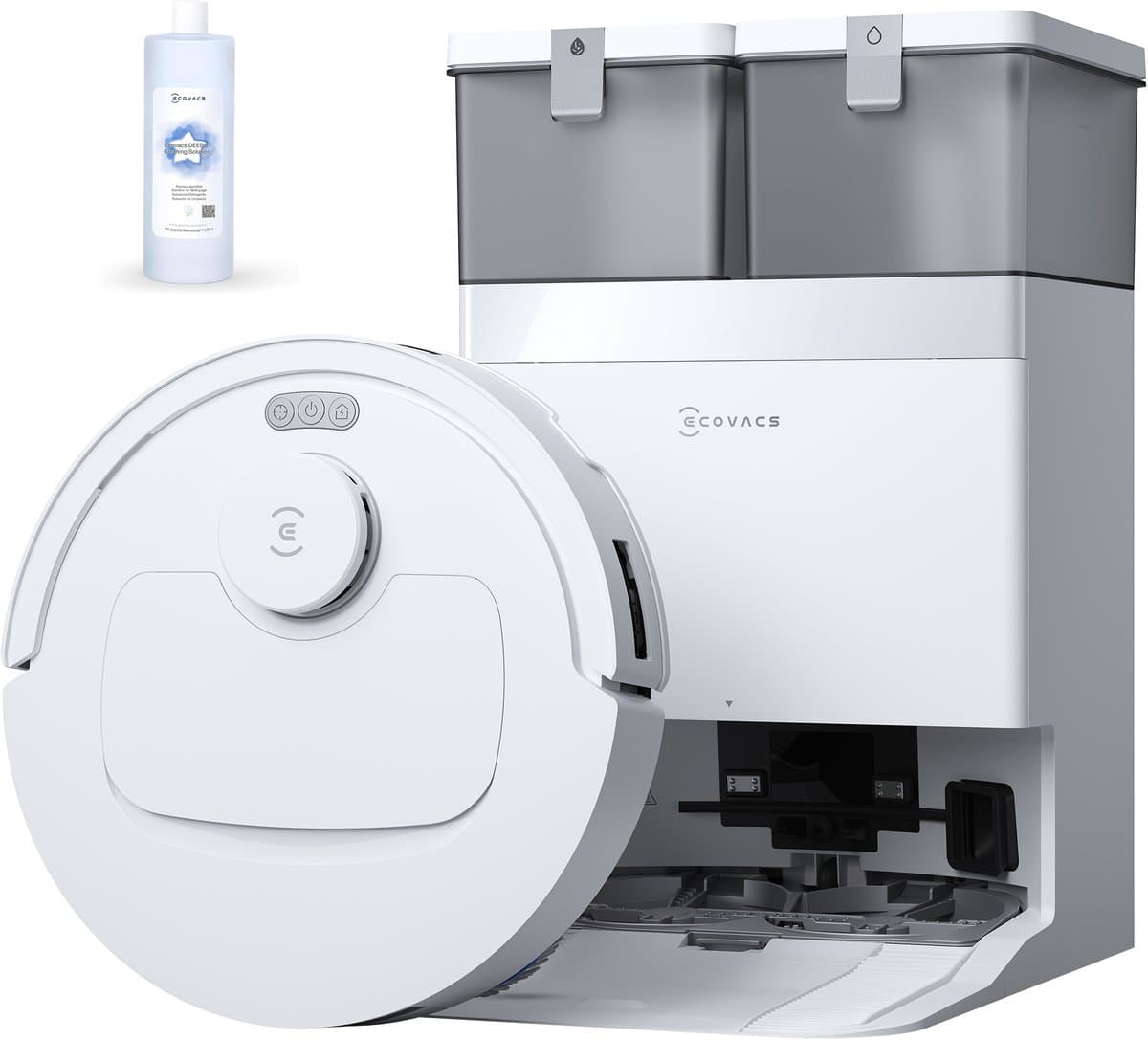 ECOVACS DEEBOT T30e OMNI Robotstofzuiger met dweilfunctie- 25.000 Pa- OZMO Turbo 2.0 dweilen- ZeroTangle 3.0 anti-klit-Triple-V-hoofdborstel- Omni-station-Wit–1000ml Schoonmaakmiddel — afbeelding 1