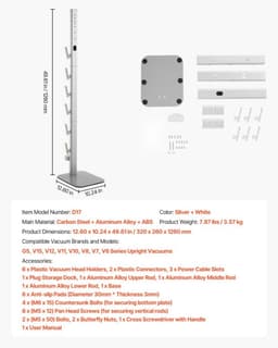 Steelstofzuiger Standaard - Vloerstandaard - 126 cm Hoog - 6 Haken - Antislip Voetjes - Compatibel met G5/V15/V12/V11/V10/V8/V7/V6 - Zilver — thumbnail 2