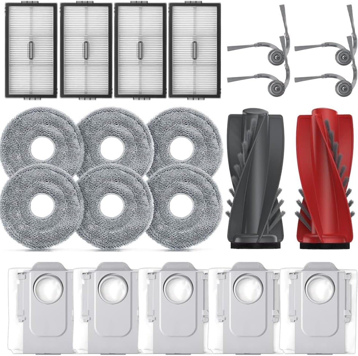 21 stuks Vervangende accessoires - geschikt voor Roborock Saros 10R, Qrevo CurvX en Qrevo Curv 2 Pro robotstofzuigers - 1 hoofdborstel, 4 zijborstels, 4 HEPA-filters, 6 reinigingsdoeken en 6 stofzakken. — afbeelding 1