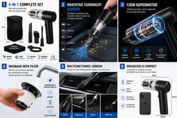 Draadloze Auto Stofzuiger - Handstofzuiger Oplaadbaar - 4-in-1 Reinigingsset - Krachtige Mini Stofzuiger voor Auto, Huis, Bureau & Toetsenbord — thumbnail 5