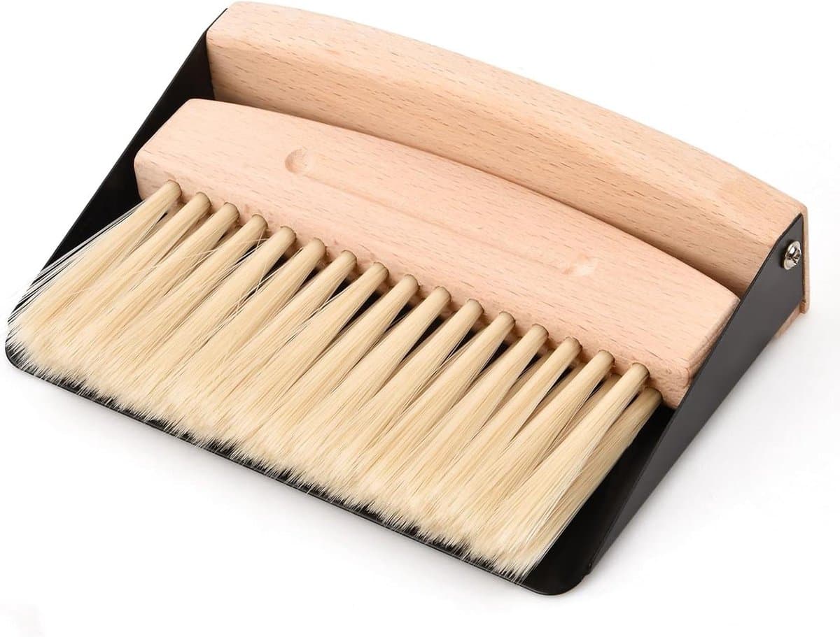 Kleine veegset - Mini stoffer blik - Bureau reinigen - Hout materiaal - 16 x 13 x 4 cm — afbeelding 1