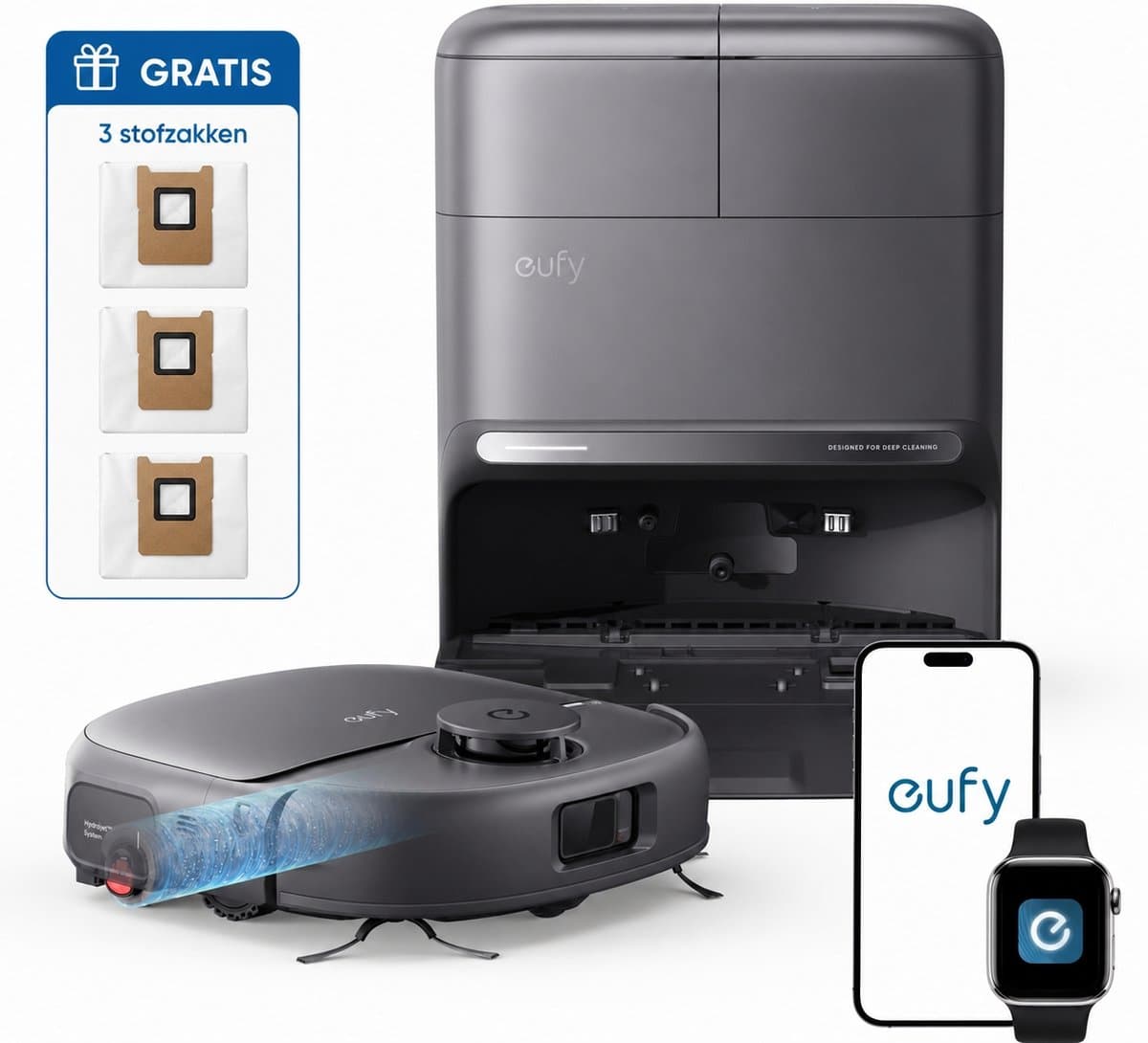 eufy Nieuw 2026 Robotstofzuiger met Dweil C28 Omni - HydroJet-zelfreinigende Dweilrol - Upgrade van X10 Pro - 15.000Pa Zuigkracht - Alles-in-1 Station - Automatisch Dweilen en Drogen - AI-obstakeldetectie — afbeelding 1