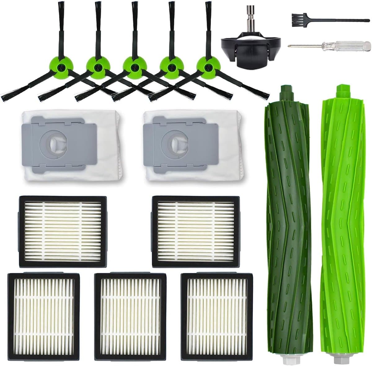 Vervangingsonderdelen Geschikt voor iRobot Roomba J Plus Series J5+ J6+ J7+ J8+ J9+ – 1 hoofdborstel, 2 stofzakken, 5 zwarte zijborstels, 5 filters, 1 voorwiel (Zonder Combo j7+ j9+) — afbeelding 1