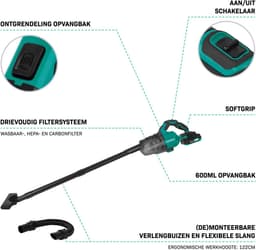 VONROC Krachtige accu steelstofzuiger – VPower 20V – Incl. 2.0Ah Accu en snellader – 0.6L opvangbak - Incl. 3 mondstukken, 2 verlengbuizen en flexibele slang — thumbnail 4