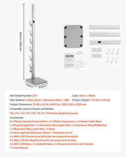 VEVOR 126cm Stofzuigerstandaard Dyson Multi-Model Opbergbeugel Zilver — thumbnail 4