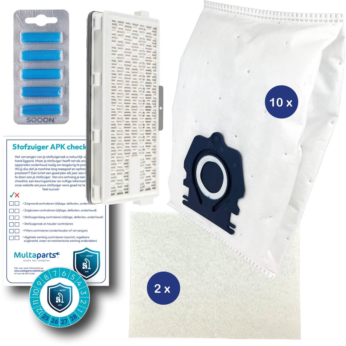 Multaparts® stofzuiger-APK set geschikt voor Miele Guard L1, Guard M1 & Guard S1 serie | HEPA13 versie | Complete onderhoudsset met stofzuigerzakken type CO / TU (10 x), motorfilter (2 x), HEPA H13 filter, geursticks (5 x), APK-checklist, APK-sticker — afbeelding 1