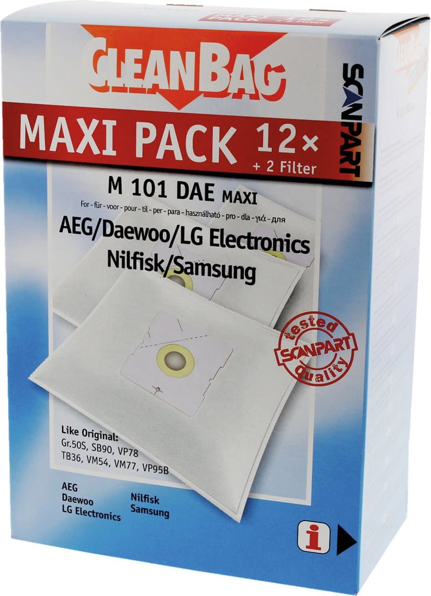 CleanBag stofzuigerzakken 12 stuks - Geschikt voor AEG Deawoo LG Nilfisk Samsung - Type Gr 50 SB90 VP78 TB36 VM54 VM77 VP95B - Inclusief 2 filters - Alternatief - Maxipack - Voordeelpak — afbeelding 1