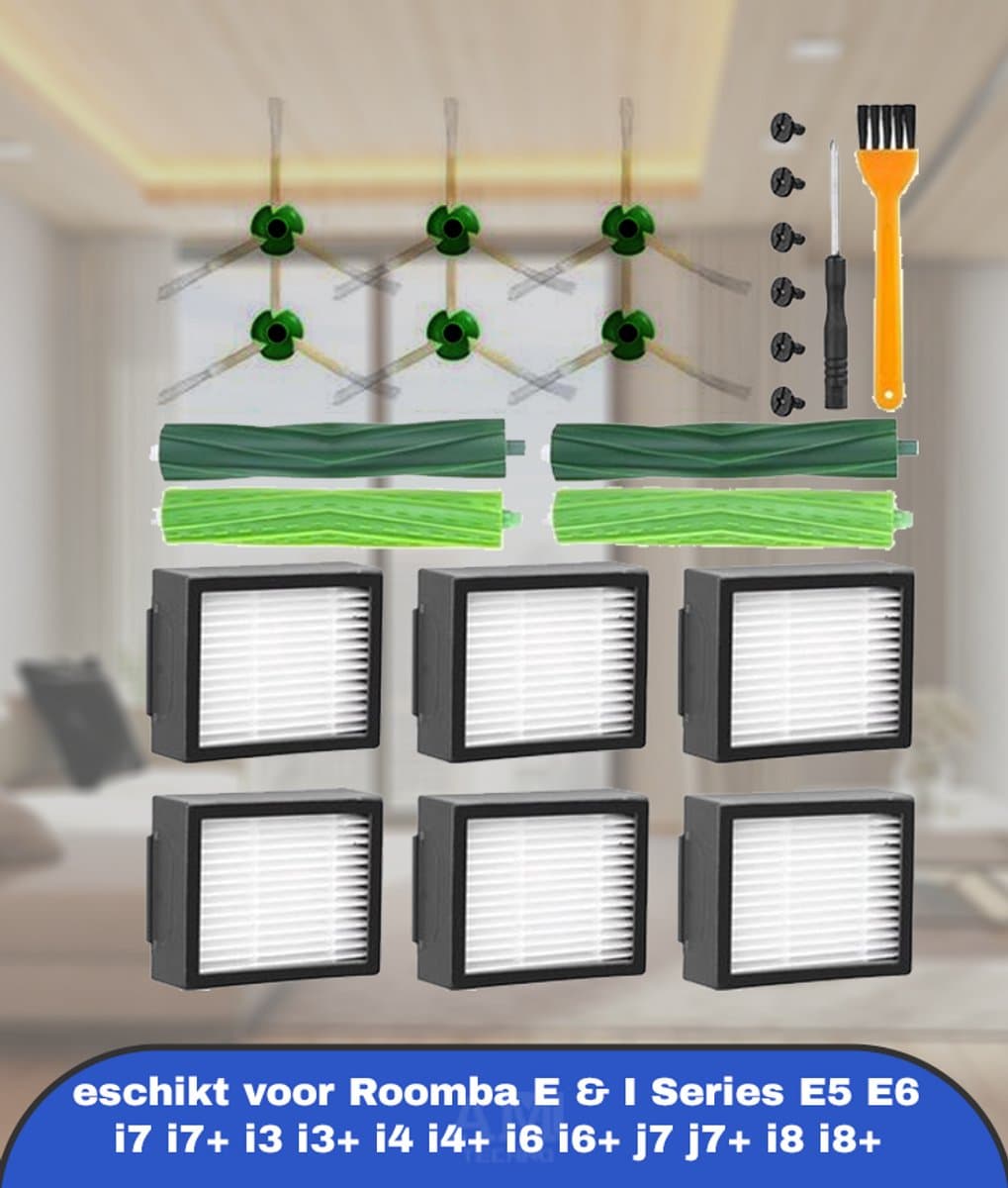 Borstelvervangingsonderdelen geschikt voor Roomba E & I Series E5 E6 i7 i7+ i3 i3+ i4 i4+ i6 i6+ i8 i8+, 2 Sets Rubberen Borstels, 6 Filters, 6 Zijborstels, Vervanging Robot Stofzuiger Accessoires voor Roomba — afbeelding 1