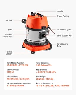 Walnootstraalunit - Mobiele zandstraalmachine - 13 L Reservoir - 1200 W - Ontkolen inlaatspruitstukken en kleppen - Incl. 2,5 kg walnootschil straalmiddel - 23 adapters — thumbnail 4