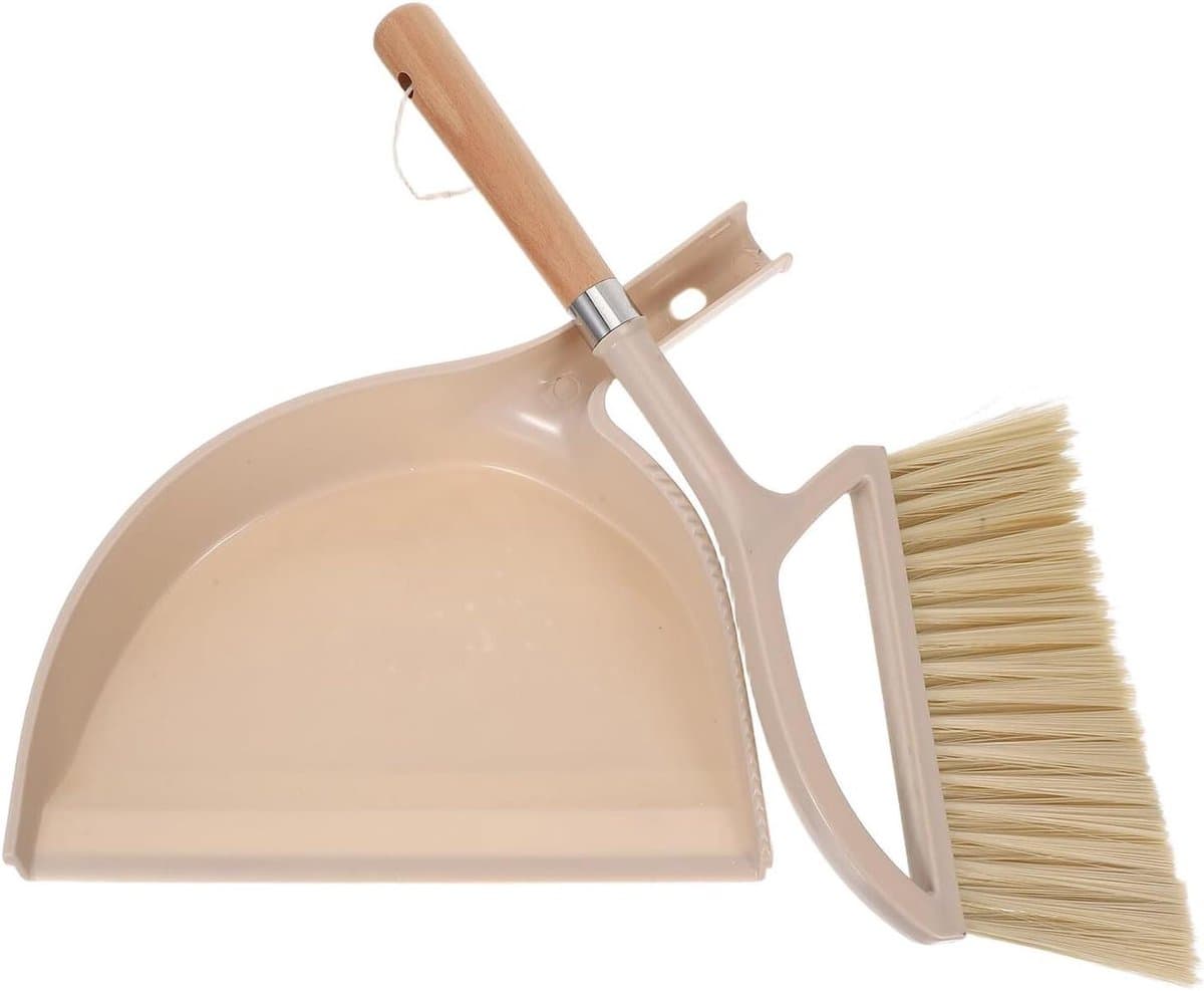 Bureaustofblik Borstel - Handbezem Stoffer - Kleine Ruimtes Schoonmaken - Ergonomisch Houtontwerp - 30 x 24 cm - Beige — afbeelding 1