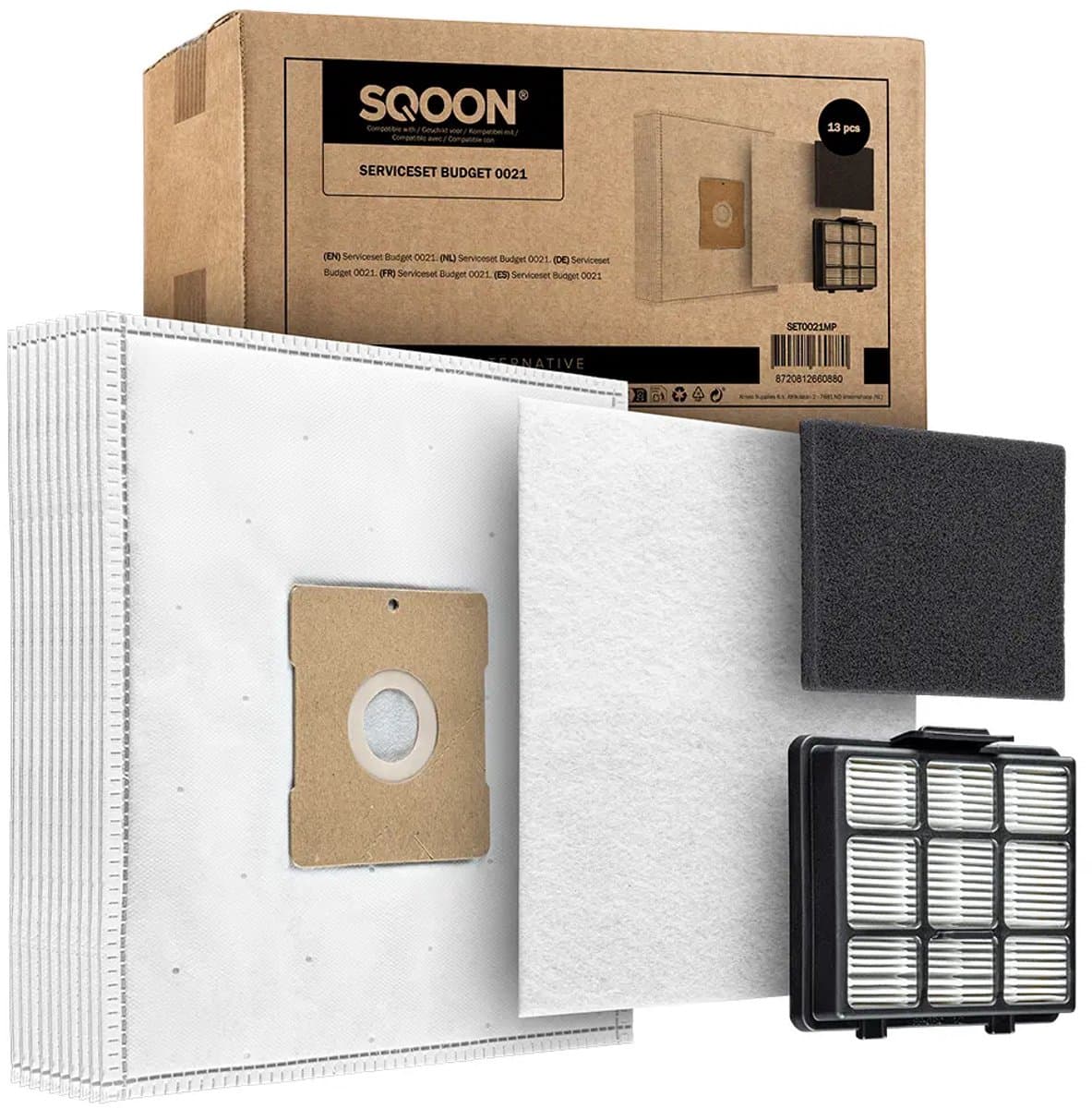 SQOON® Serviceset stofzuigerzakken + filter geschikt voor o.a. Inventum ST306 / ST307 / ST308 stofzuigers - Gelijk aan model: SZ300 / 21200900120 / 21200900010 - Perfect voor optimale stofopname en motorbescherming — afbeelding 1