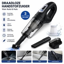 Draadloze Handstofzuiger voor Auto & Huis - Oplaadbare Kruimeldief met HEPA Filter, LED Batterijdisplay, USB-C, 3 Opzetstukken, Zwart — thumbnail 1