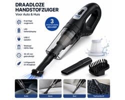 Draadloze Handstofzuiger voor Auto & Huis - Oplaadbare Kruimeldief met HEPA Filter, LED Batterijdisplay, USB-C, 3 Opzetstukken, Zwart