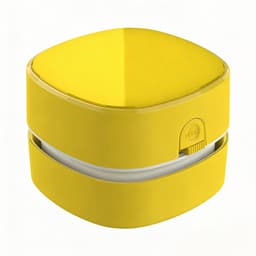 Gele compacte bureaustofzuiger met AA-batterijvoeding (zonder batterijen), lange looptijd en 360° draaibare reinigingskop, ruimt bureaustof en gumresten op, ideaal voor thuis, school, kantoor en als kindercadeau — thumbnail 1
