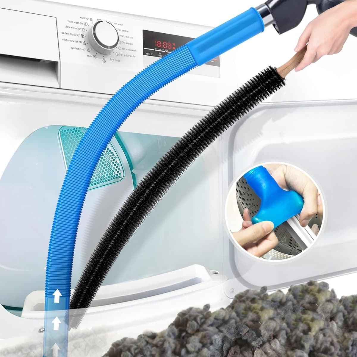 2-delige stofzuigerset Geschikt voor drogerventilatie, compatibel met alle stofzuigers, pluizenborstel voor droger en stofzuigerslang met elastische universele connector, snelle pluizenverwijderaar, lichtblauw — afbeelding 1