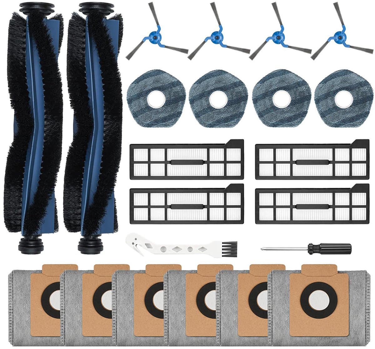 22-delige stofverwijderingsaccessoireset voor de EUFY X10 PRO OMNI robotstofzuiger - Inclusief 2 hoofdborstels + 4 zijborstels + 4 filters + 4 dweildoeken + 6 stofzakken + 1 flexibele borstel + 1 schroevendraaier - Filterreinigingstool — afbeelding 1