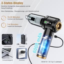 Handstofzuiger Accu - Draagbare Zuiger - Auto Huis Reinigen - 4-in-1 Functionaliteit - 25000 PA Zuigkracht - Zwart — thumbnail 2