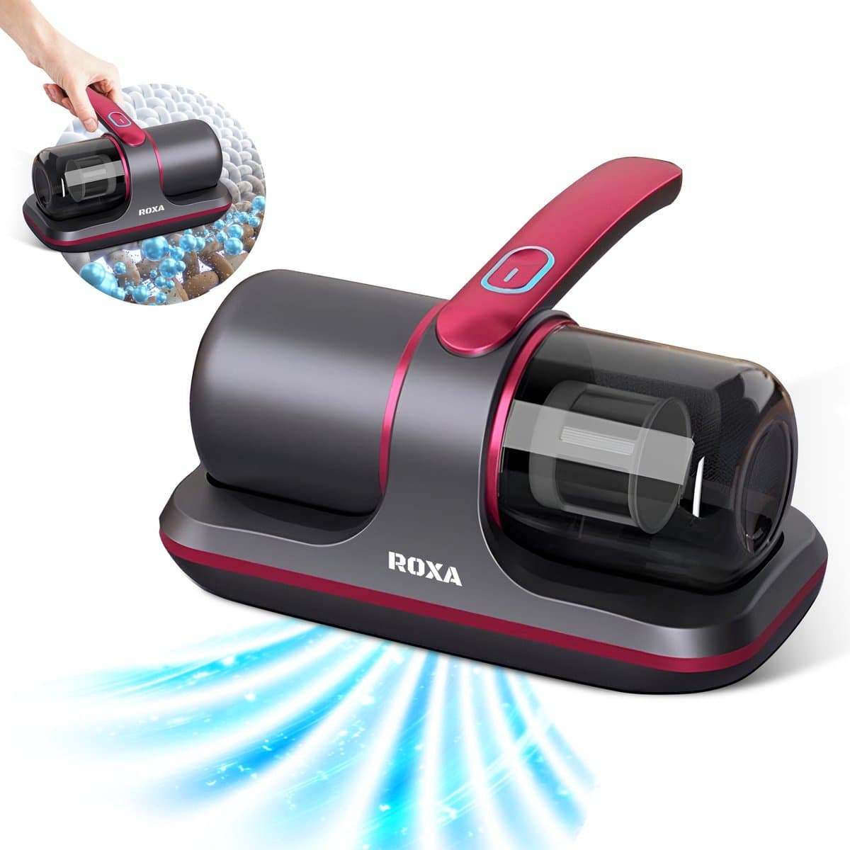 Roxa Huisstofmijt Stofzuiger - UV Lamp Sterilisator - Matras, Tapijt, Meubel, Zetel & Bank Reiniger Apparaat - Kruimeldief snoerloos best verkocht - Bacterie, Mijt & Schimmel Bestrijder - Zonder Zak - USB Opladen - Rood/Grijs - 2025 — afbeelding 1