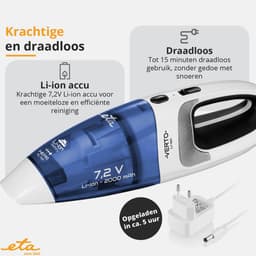 ETA Verto Kruimeldief voor Nat en Droog Vuil met Opzetstukken – Draadloos, Compact en Lichtgewicht – HEPA Filter – 500 ML en 120 ML – Wit / Blauw — thumbnail 2