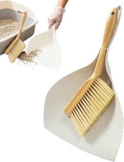 Mini bezem veegschep - Kleine schoonmaakset - Kleine ruimtes reinigen - Houten handvat - Compact formaat - Wit — thumbnail 1