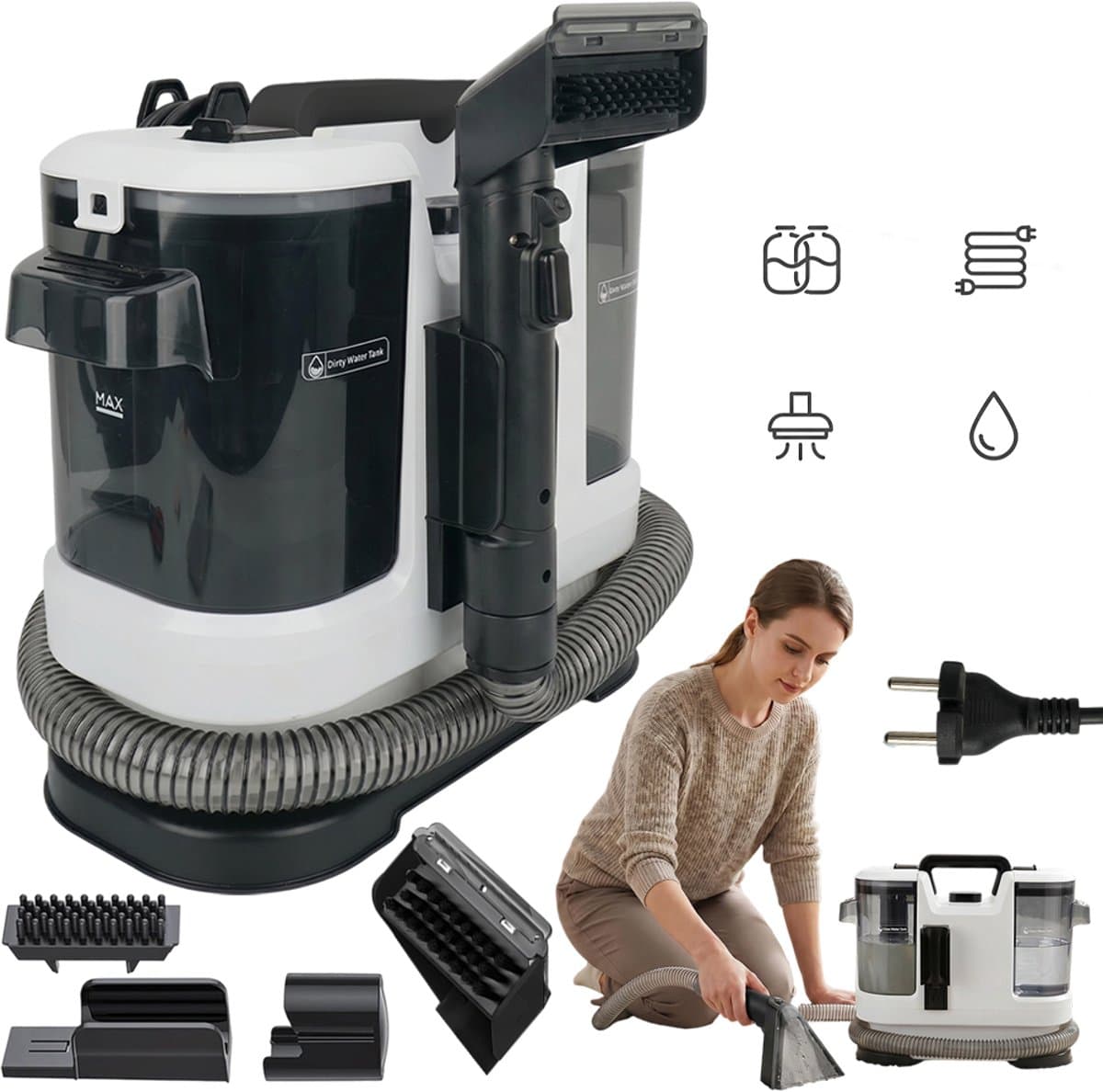 Draagbare Tapijt- En Meubelreiniger Met Aparte Tanks Voor Schoon En Vuil Water - 1800 ml Schoon 800 ml Vuil 12 kPa Diepe Zuigkracht - Ideaal Voor Banken, Matrassen En Auto-Interieurs — afbeelding 1