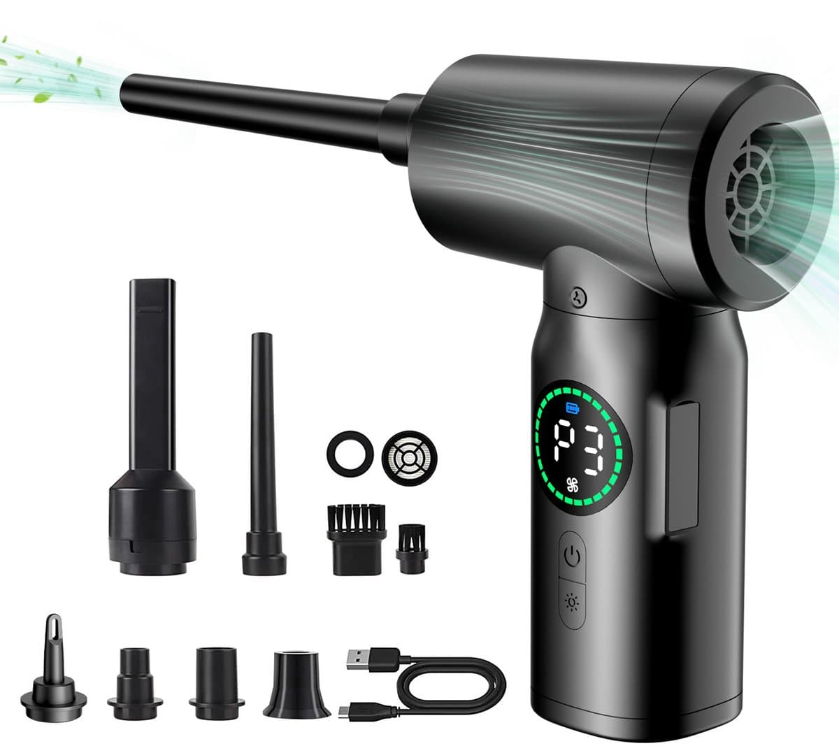 KZQ Oplaadbare elektrische luchtblazer voor computer en auto - Draadloos mini-stofblazer met LED-verlichting - Handheld blower voor toetsenbord en elektronica - Zwart — afbeelding 1