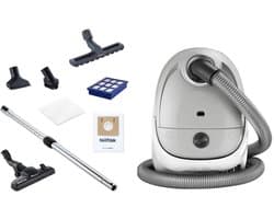 Nilfisk One Licht Grijs LGRPC13 – Compacte stofzuiger met zak, HEPA 13-filter, instelbare zuigkracht, parketborstel en complete accessoireset