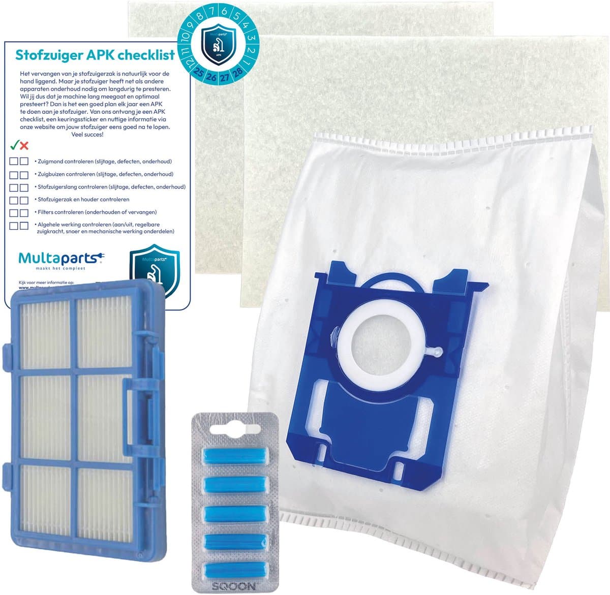 Multaparts® stofzuiger-APK set geschikt voor Philips PowerGo | Complete onderhoudsset met stofzuigerzakken type S-BAG (10 x), motorfilter (2 x), HEPA filter, geursticks (5 x), APK-checklist & APK-sticker | Maak je stofzuiger als nieuw — afbeelding 1