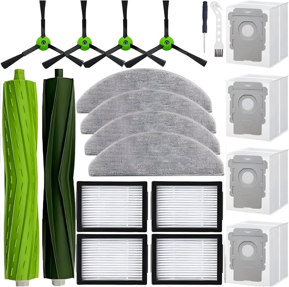 PolkaHome® 20-delige vervangingsset geschikt voor iRobot Roomba Combo i3+ i5 i5+ j5 j5+ – 2 hoofdborstels, 4 zijborstels, 4 HEPA-filters, 4 stofzuigerzakken, 4 dweilpads, 1 schroevendraaier, 1 2-in-1 borstel en mesje – accessoires & onderdelen — afbeelding 1