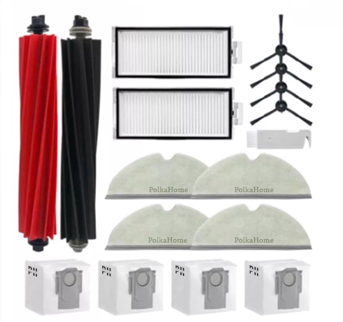 PolkaHome 17 stuks Accessoireset geschikt voor Roborock robotstofzuigers, 2 hoofdborstels, 4 hepa filters, 6 poetsdoeken, 6 zijborstels, 1 reinigingsborstel, accessoires reserveonderdelen. voor Roborock Q5 Pro+/Q5 Pro/Q8 Max+/Q8 Max — afbeelding 1