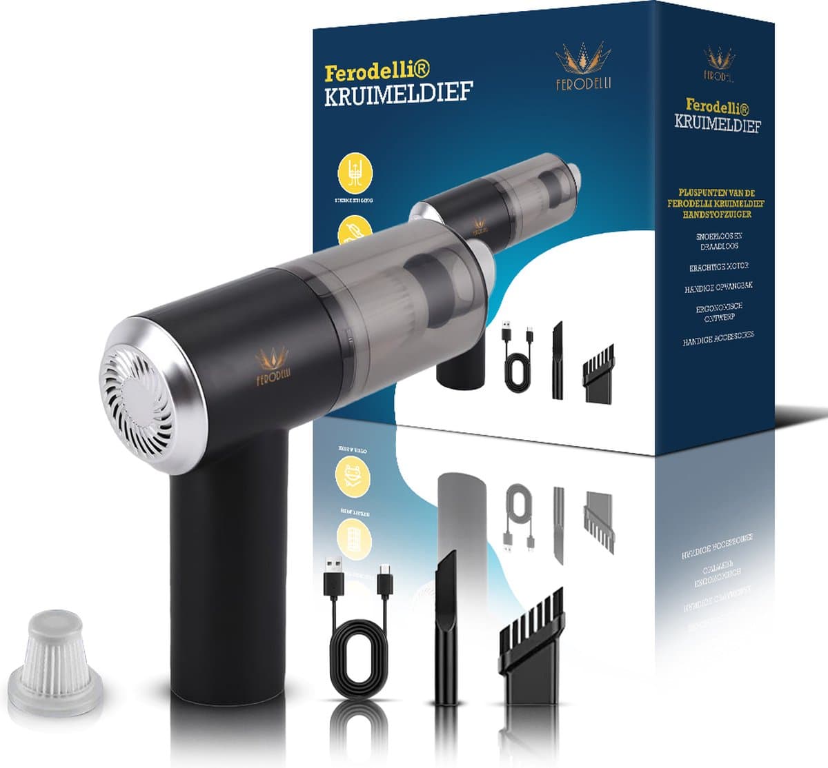 Ferodelli Kruimeldief - Handstofzuiger - Snoerloos - Auto Stofzuiger - Caravan - Car Vacuum Cleaner - Draadloos - Best Verkocht — afbeelding 1