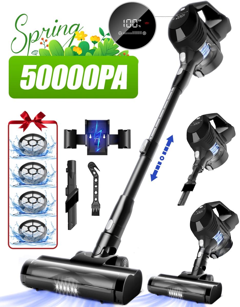 Elekiatech Steelstofzuiger Draadloos - 50000Pa - 50 Min Gebruikstijd - 1.8L Stofbak - LED display – voor Harde Vloeren, Tapijt en Dierenharen — afbeelding 1