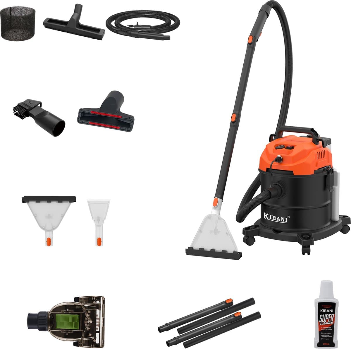 Kibani Nat/ Droogzuiger - Alleszuiger met Accessoires - met Sproeifunctie & Kibani Reinigingsmiddel - 1600W - Tapijtreiniger - Inclusief Opzetstukken — afbeelding 1