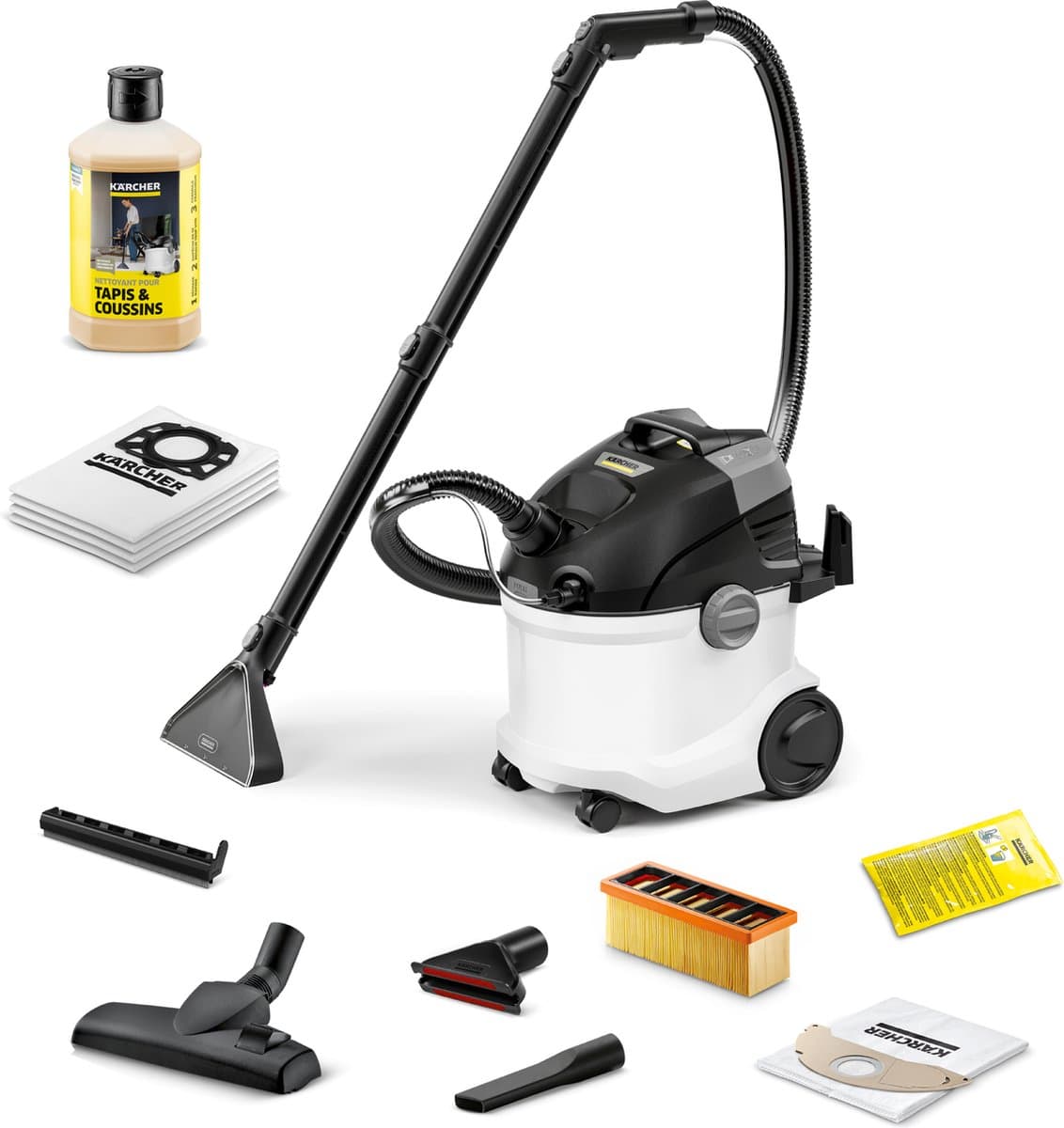 Kärcher Tapijtreiniger SE 5 SET - Incl. extra Vliesfilterzakken 4st. én Tapijt- en bekledingsreiniger RM 519, 1L - 4 / 4 liter - 3-in-1 Sproei-extractie - Tapijt- en bekledingsreiniger RM 519, 100 ml — afbeelding 1