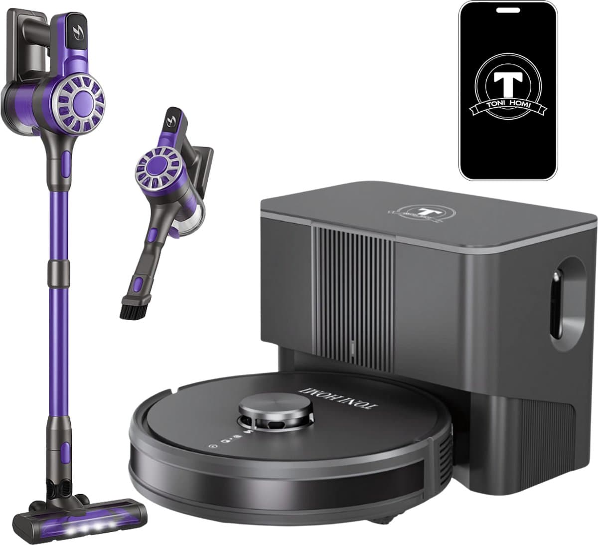 TONIHOMI® Robotstofzuiger en steelstofzuiger combi - Robotstofzuiger met dweilfunctie - Automatisch opladen - Robotstofzuiger met app - Draadloze stofzuiger - Steelstofzuiger - Combi — afbeelding 1
