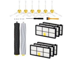 Accessoires geschikt voor iRobot Roomba 800 900 980 960 971 895 860 824 880: 2x HEPA-filter, 6x zijborstels, 4x rolborstel, 1x vervangend geschikt voorwiel.