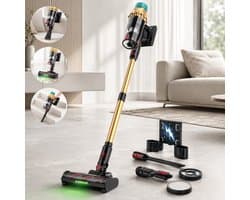 Rosnek Draadloze Stofzuiger 650W – Steelstofzuiger met 50KPa Zuigkracht - 60 Min Accuduur, 20000mAh Uitneembare Accu - LED Touchscreen - V-vormige Anti-Klit Borstel - Groene LED Verlichting - Voor Harde Vloeren, Tapijt, Tegels & Dierenharen