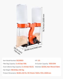 Stofafzuigsysteem, 2634,47 m³/u, 2,5 Micron Spaanafzuigsysteem, 3,0 Pk Zaagselafzuiging met Twee Stofzakken van 132,5 Liter en Twee Filterzakken van 159 Liter, 2800 Tpm, Non-Woven Materiaal — thumbnail 3